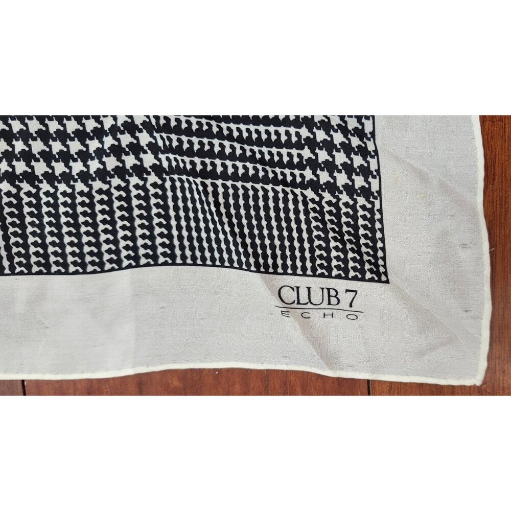 Echo Club 7 100% Silk Scarf Black White Floral Plaid Square 27” Vintage Designer - Picture 3 of 8